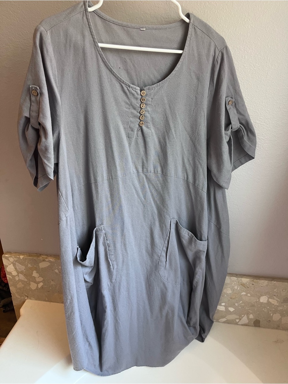 Gray Cotton Linen Dress Medium Pockets Cuffed Sleeves Barrel Fit